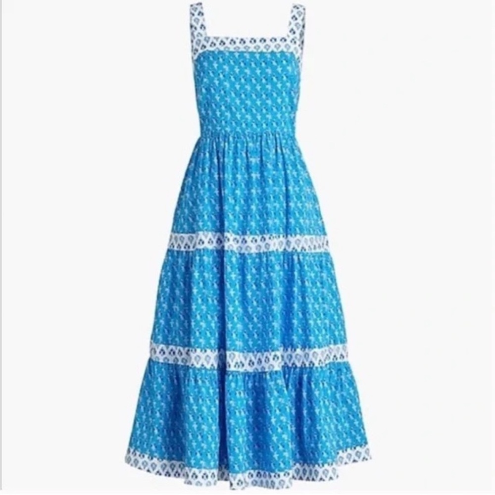 J. Crew‎ Blue Block Print Squareneck Tiered Midi Dress - 6